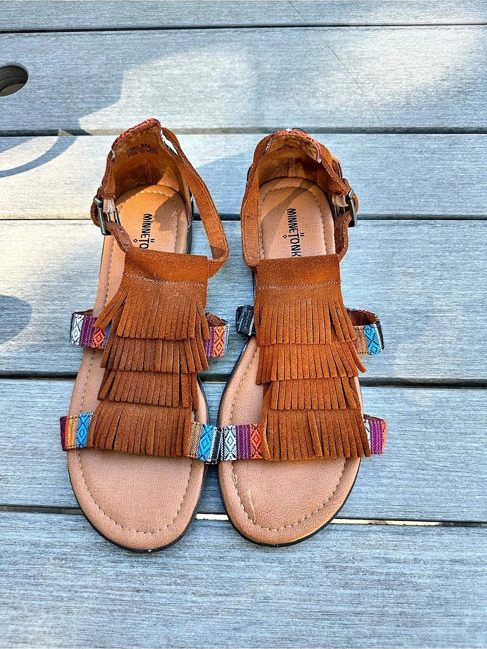 Minnetonka Brown Suede Fringe Southwestern Fabric Sandals